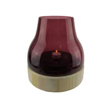 9.75" Merlot Glass Pillar Candle Holder with Wooden Base